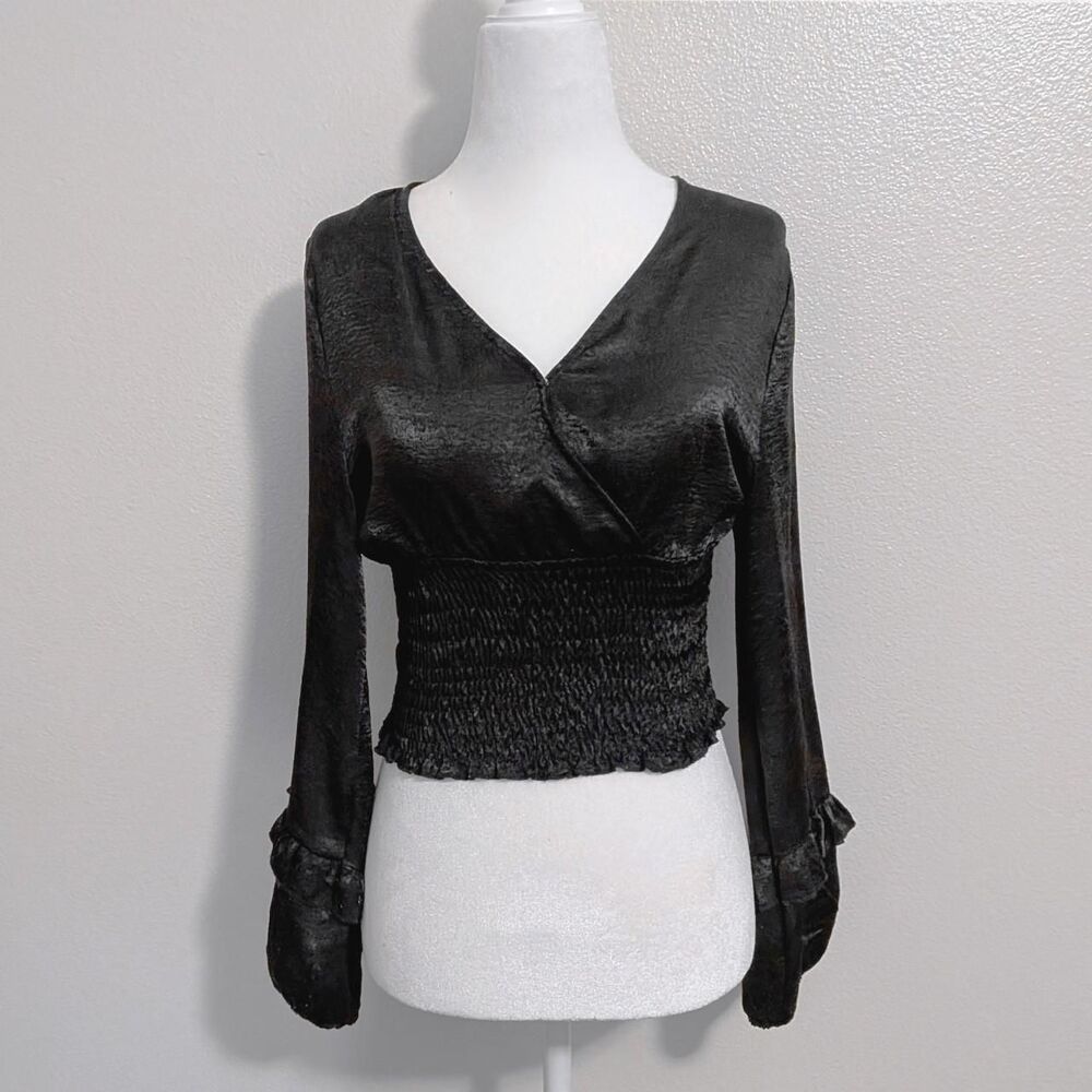 Altar'd State Black Gothic Smocked Ruffle Sleeve V-Neck Top | Size S